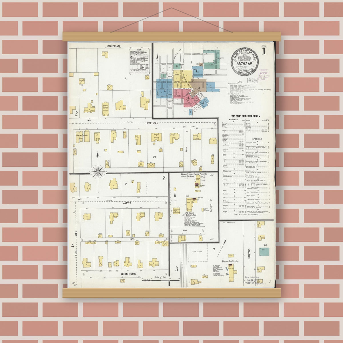 Old map wall art mockup — magnetic wood frame on brick wall — Sanborn Fire Insurance Map from Marlin, Falls County, Texas (1903), Sheet #0001