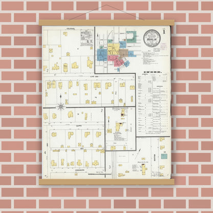 Old map wall art mockup — magnetic wood frame on brick wall — Sanborn Fire Insurance Map from Marlin, Falls County, Texas (1903), Sheet #0001