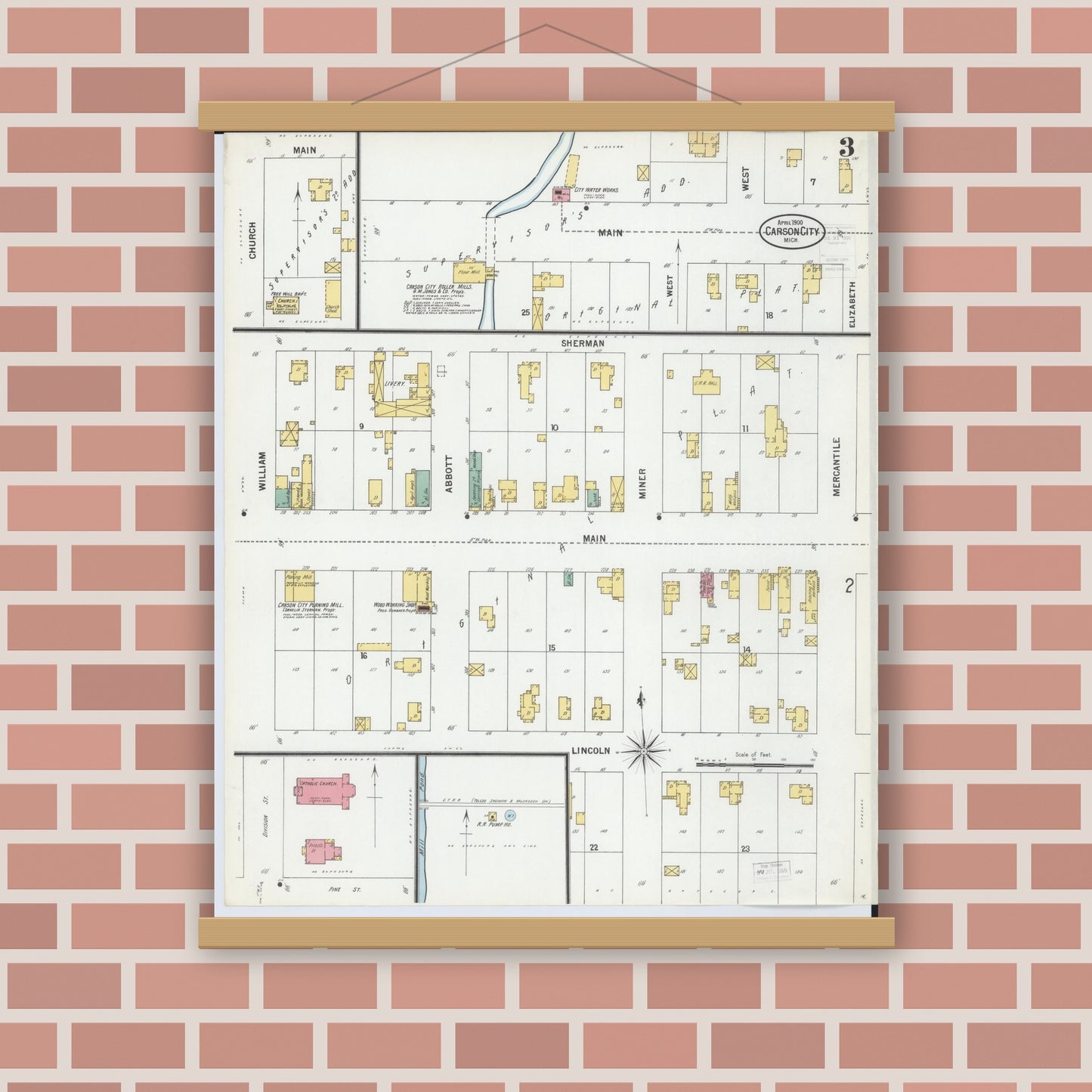 Old map wall art mockup — magnetic wood frame on brick wall — Sanborn Fire Insurance Map from Carson City, Montcalm County, Michigan (1900), Sheet #0003