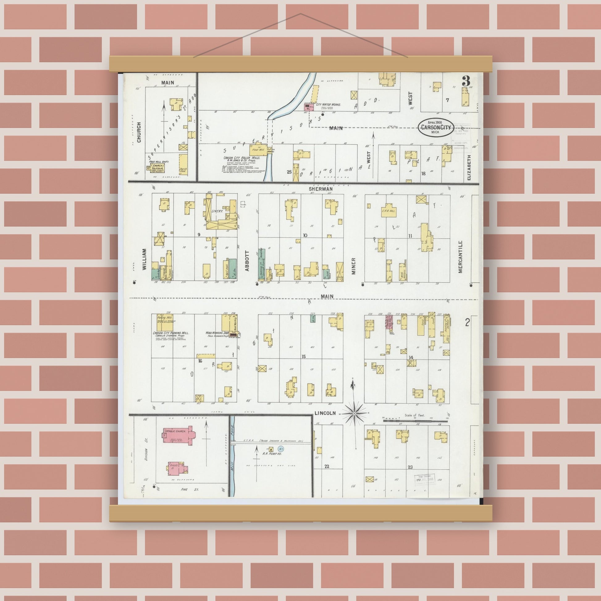 Old map wall art mockup — magnetic wood frame on brick wall — Sanborn Fire Insurance Map from Carson City, Montcalm County, Michigan (1900), Sheet #0003