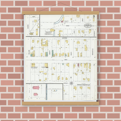 Old map wall art mockup — magnetic wood frame on brick wall — Sanborn Fire Insurance Map from Carson City, Montcalm County, Michigan (1900), Sheet #0003