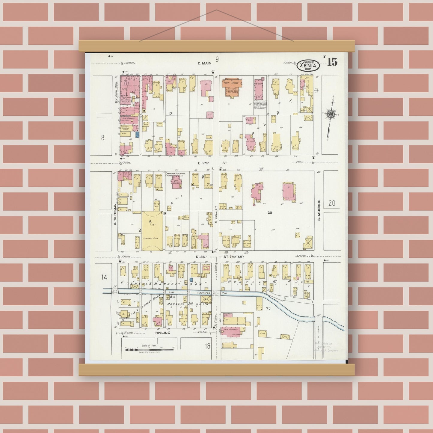 Old map wall art mockup — magnetic wood frame on brick wall — Sanborn Fire Insurance Map from Xenia, Greene County, Ohio (1919), Sheet #0015