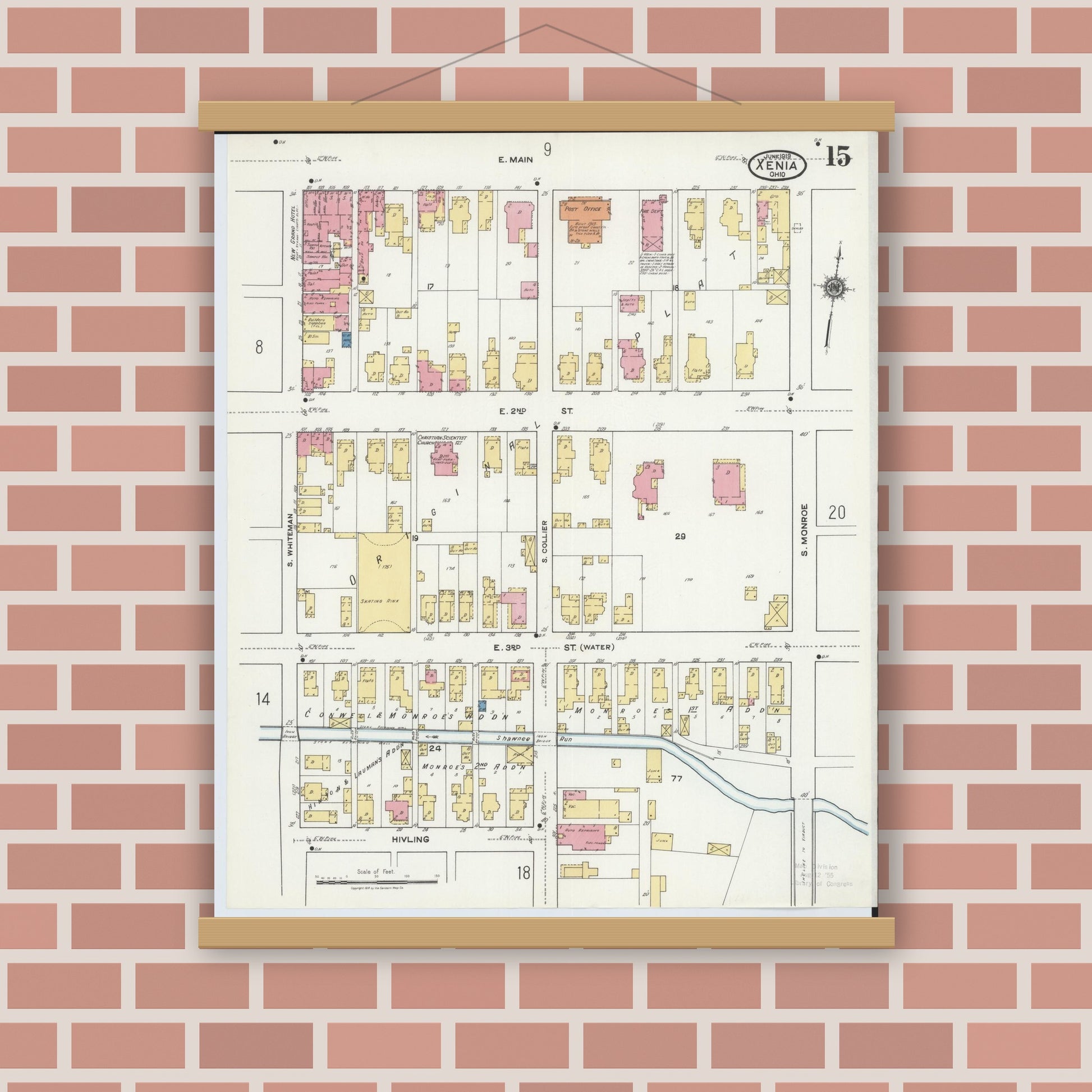 Old map wall art mockup — magnetic wood frame on brick wall — Sanborn Fire Insurance Map from Xenia, Greene County, Ohio (1919), Sheet #0015