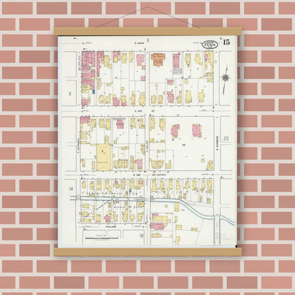 Old map wall art mockup — magnetic wood frame on brick wall — Sanborn Fire Insurance Map from Xenia, Greene County, Ohio (1919), Sheet #0015