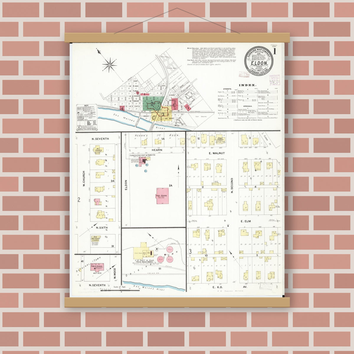 Old map wall art mockup — magnetic wood frame on brick wall — Sanborn Fire Insurance Map from Eldon, Wapello County, Iowa (1907) â€” Complete Set