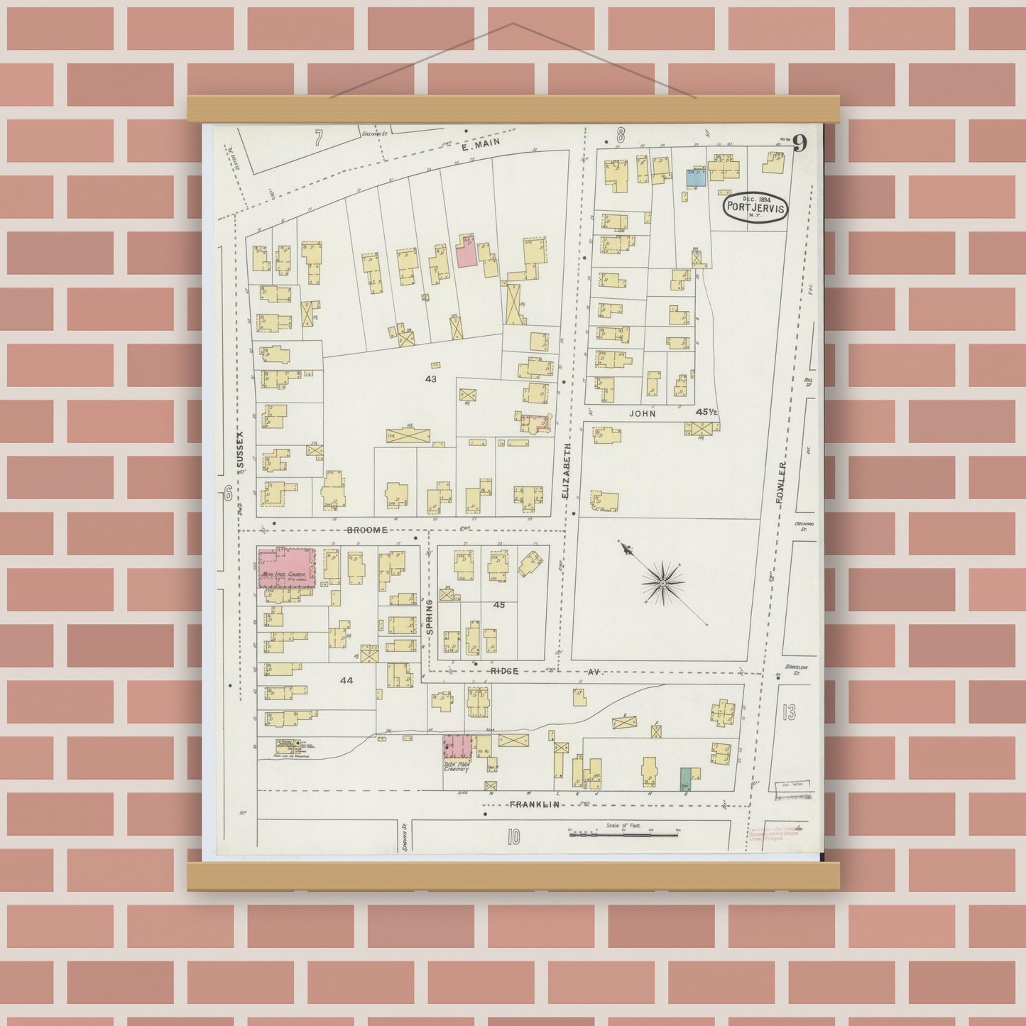 Old map wall art mockup — magnetic wood frame on brick wall — Sanborn Fire Insurance Map from Port Jervis, Orange County, New York (1894), Sheet #0009