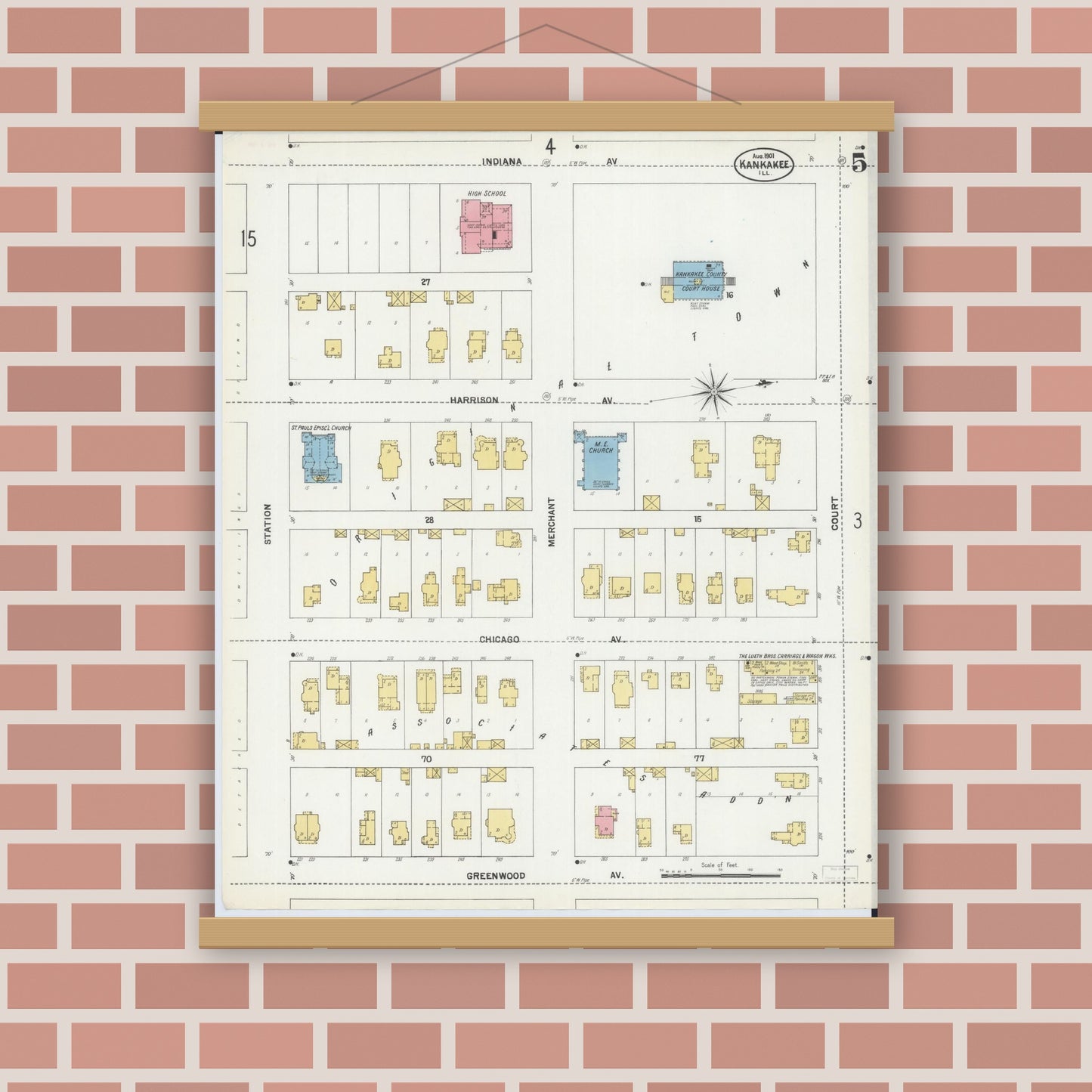 Old map wall art mockup — magnetic wood frame on brick wall — Sanborn Fire Insurance Map from Kankakee, Kankakee County, Illinois (1901), Sheet #0005