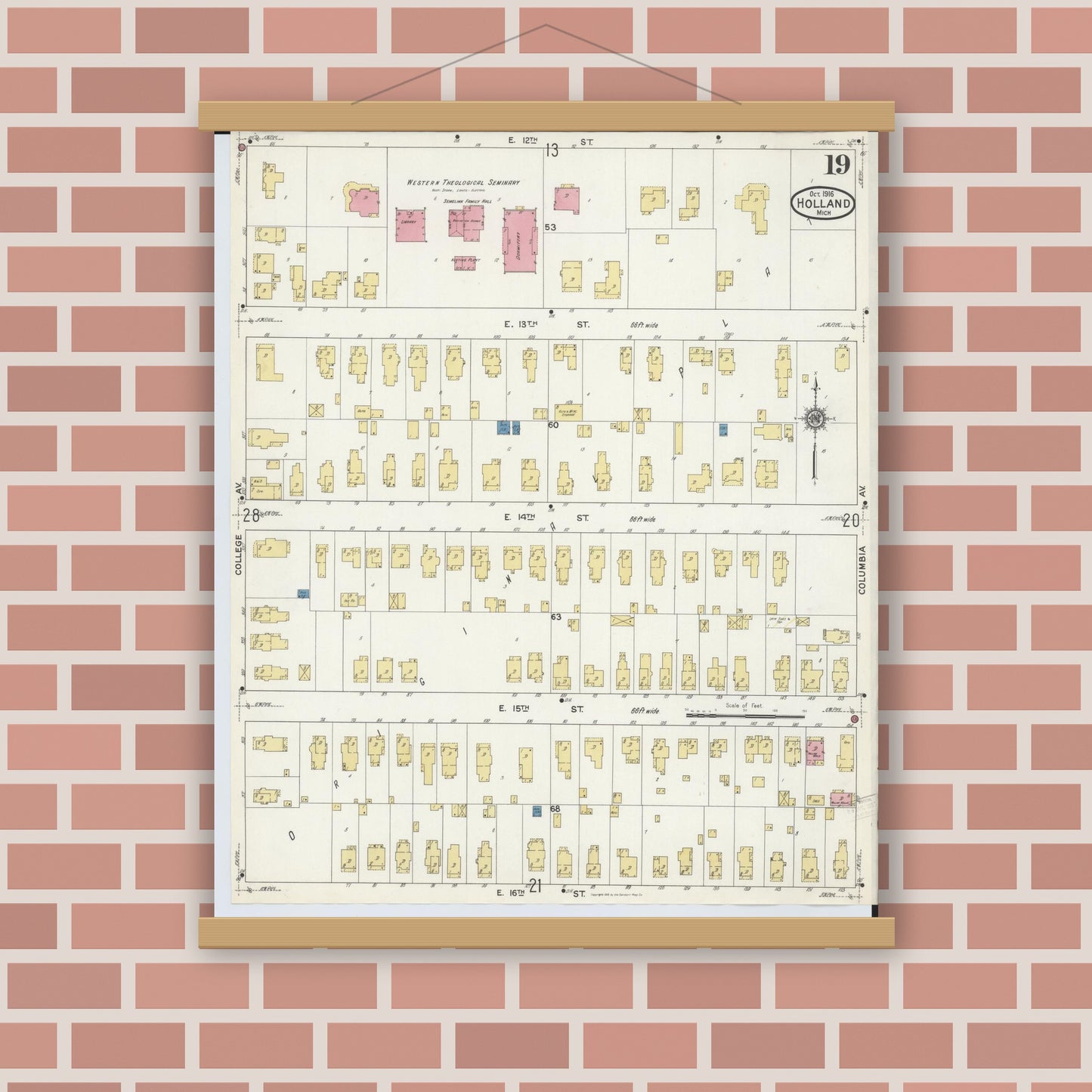 Old map wall art mockup — magnetic wood frame on brick wall — Sanborn Fire Insurance Map from Holland, Ottawa County, Michigan (1916), Sheet #0019