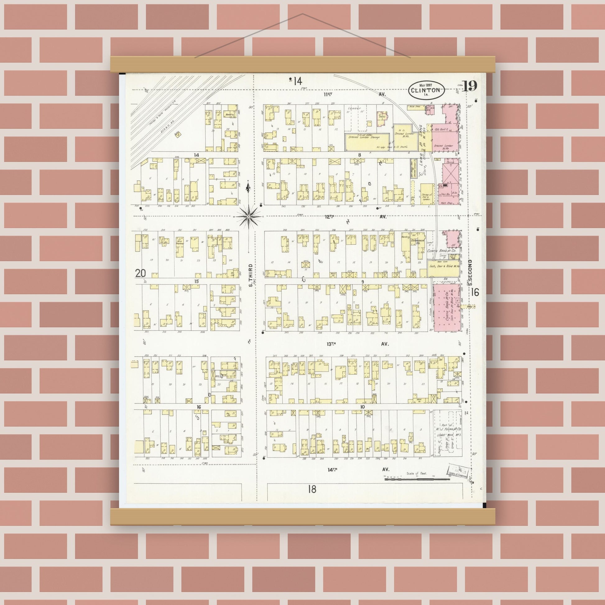 Old map wall art mockup — magnetic wood frame on brick wall — Sanborn Fire Insurance Map from Clinton, Clinton County, Iowa (1897), Sheet #0019