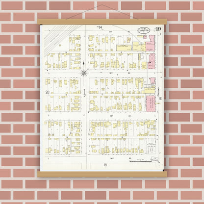Old map wall art mockup — magnetic wood frame on brick wall — Sanborn Fire Insurance Map from Clinton, Clinton County, Iowa (1897), Sheet #0019