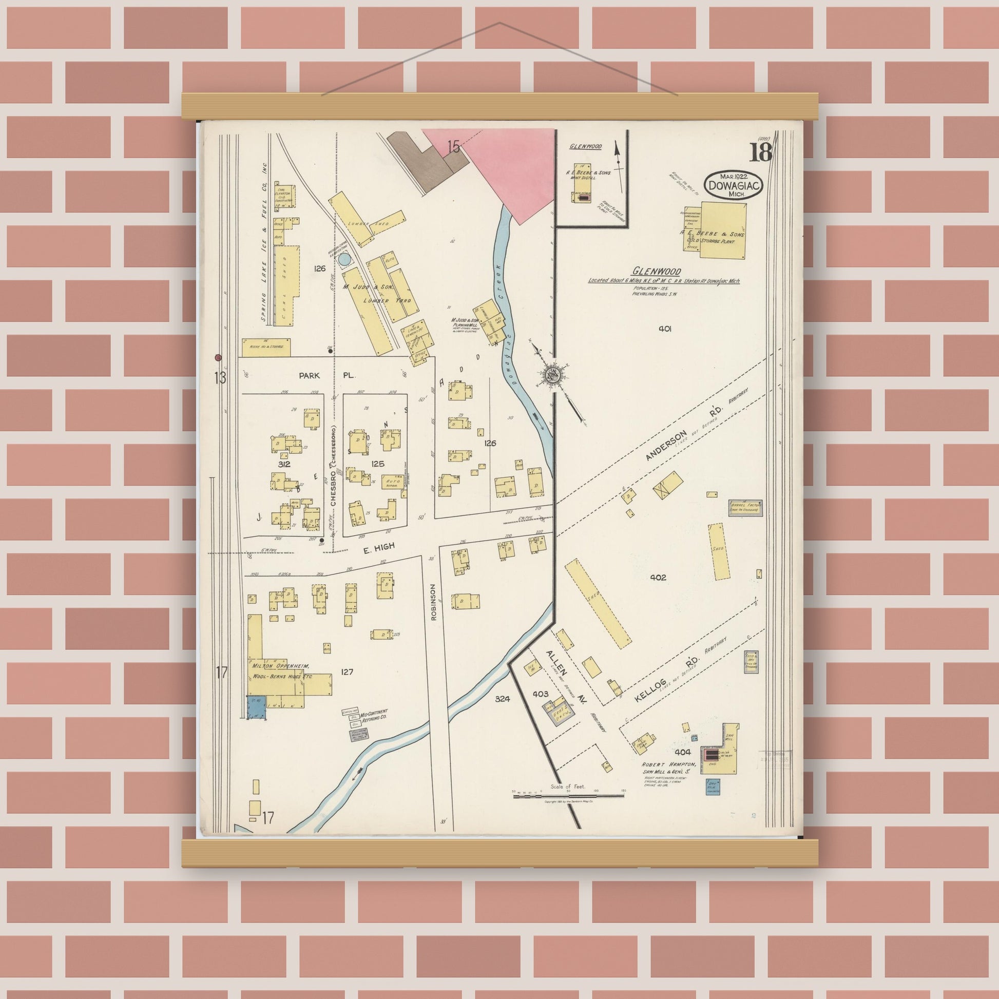 Old map wall art mockup — magnetic wood frame on brick wall — Sanborn Fire Insurance Map from Dowagiac, Cass County, Michigan (1922), Sheet #0018