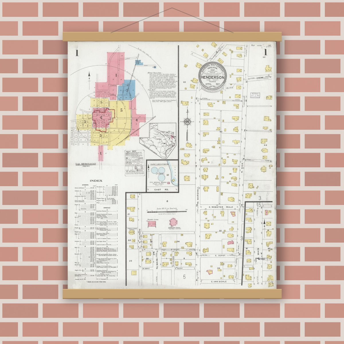 Old map wall art mockup — magnetic wood frame on brick wall — Sanborn Fire Insurance Map from Henderson, Rusk County, Texas (1927) - Complete Map Set