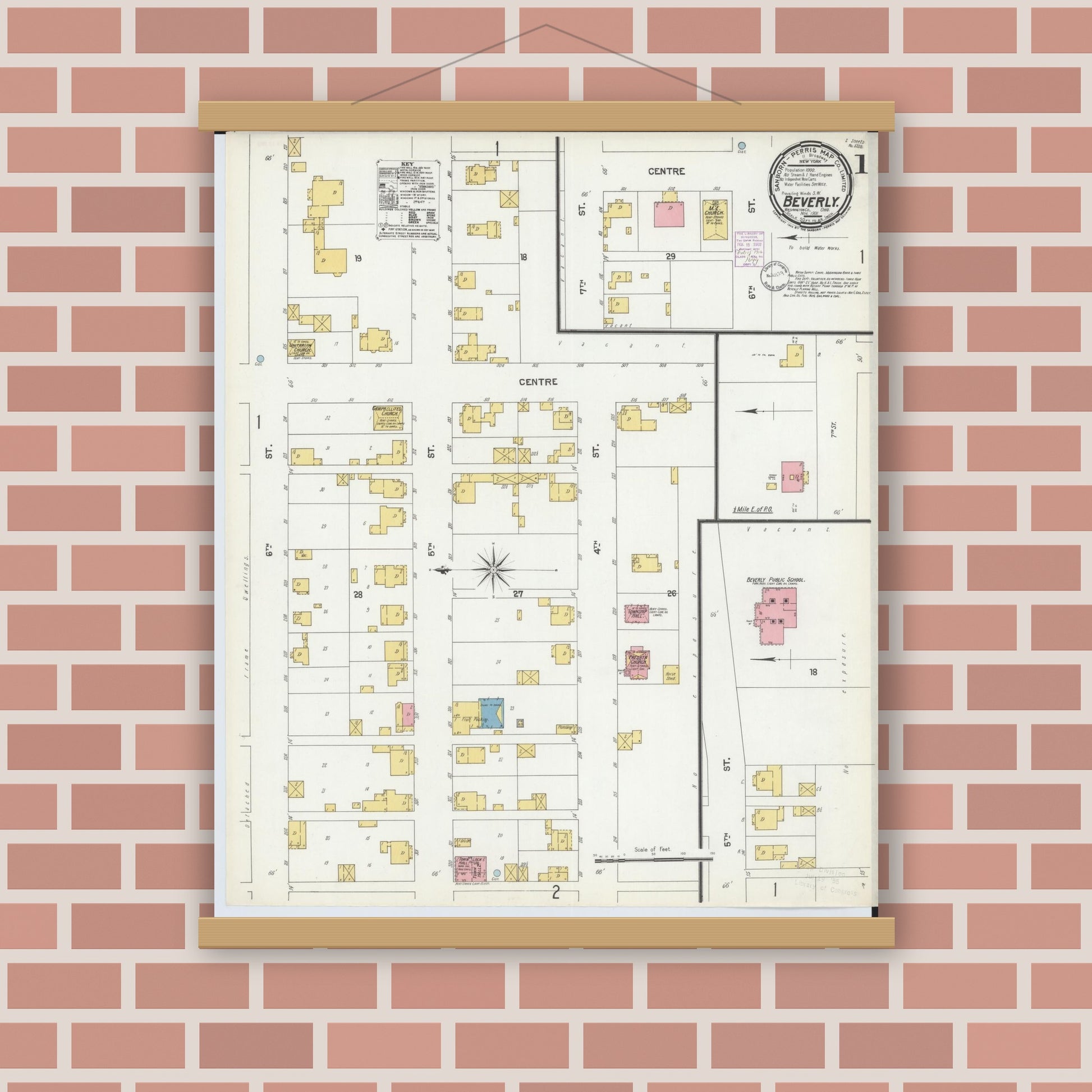 Old map wall art mockup — magnetic wood frame on brick wall — Sanborn Fire Insurance Map from Beverly, Washington County, Ohio (1901), Sheet #0001