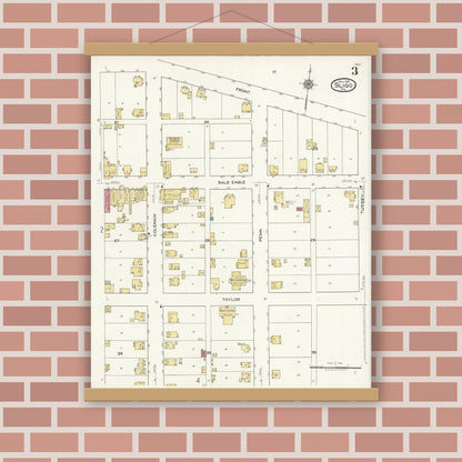 Old map wall art mockup — magnetic wood frame on brick wall — Sanborn Fire Insurance Map from Sligo, Clarion County, Pennsylvania (1921), Sheet #0003