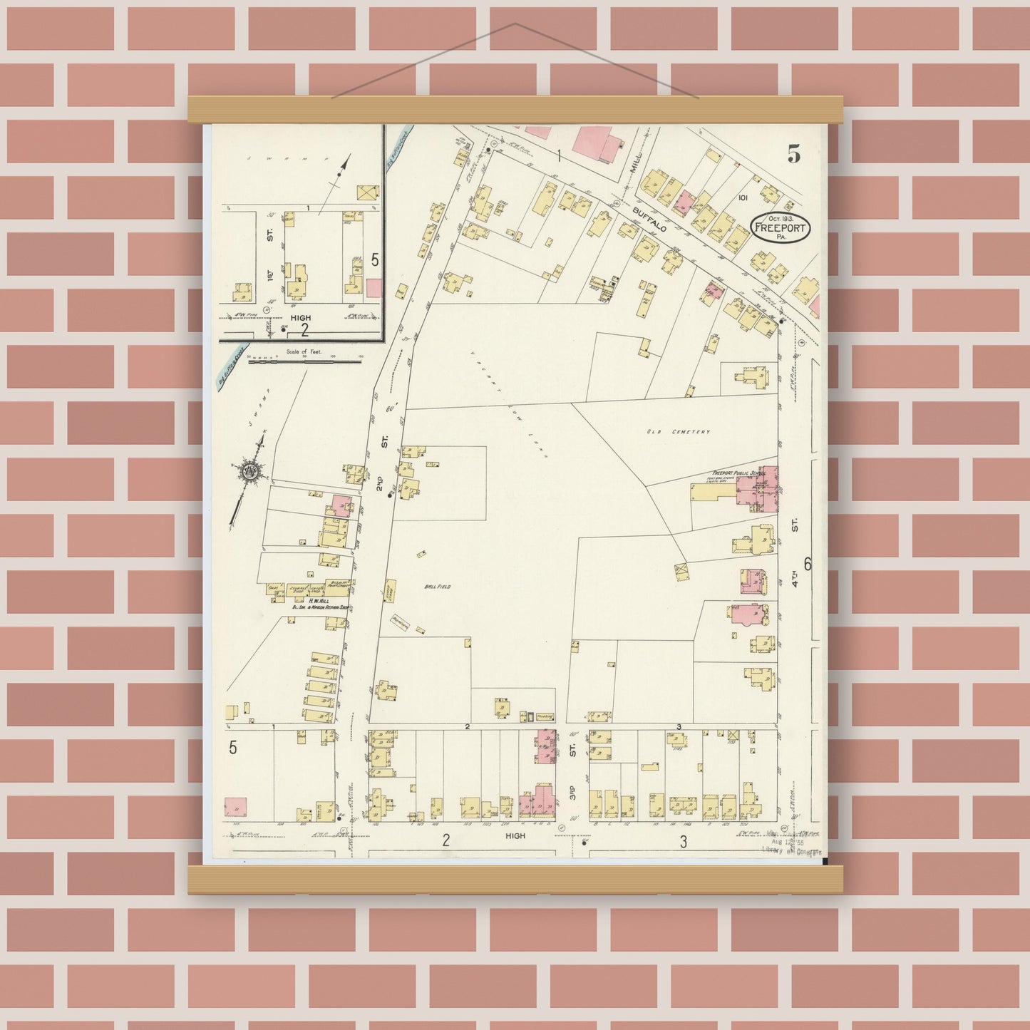 Old map wall art mockup — magnetic wood frame on brick wall — Sanborn Fire Insurance Map from Freeport, Armstrong County, Pennsylvania (1913), Sheet #0005