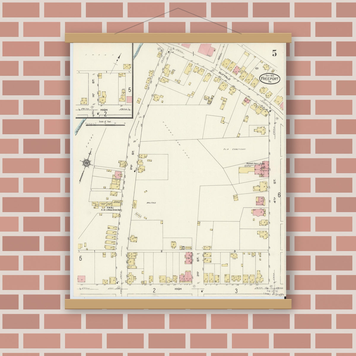 Old map wall art mockup — magnetic wood frame on brick wall — Sanborn Fire Insurance Map from Freeport, Armstrong County, Pennsylvania (1913), Sheet #0005