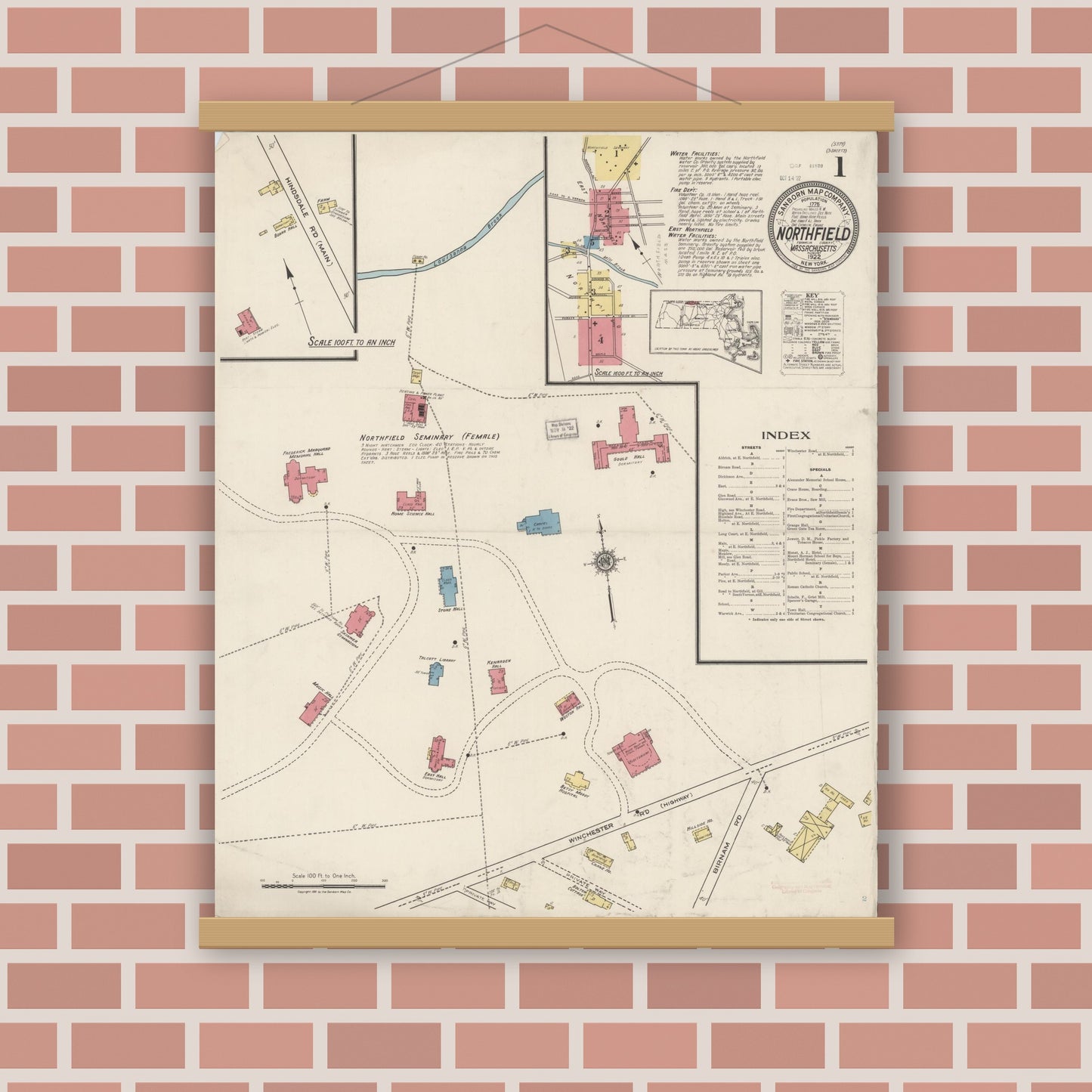 Old map wall art mockup — magnetic wood frame on brick wall — Sanborn Fire Insurance Map from Northfield, Franklin County, Massachusetts (1922) - Complete Map Set