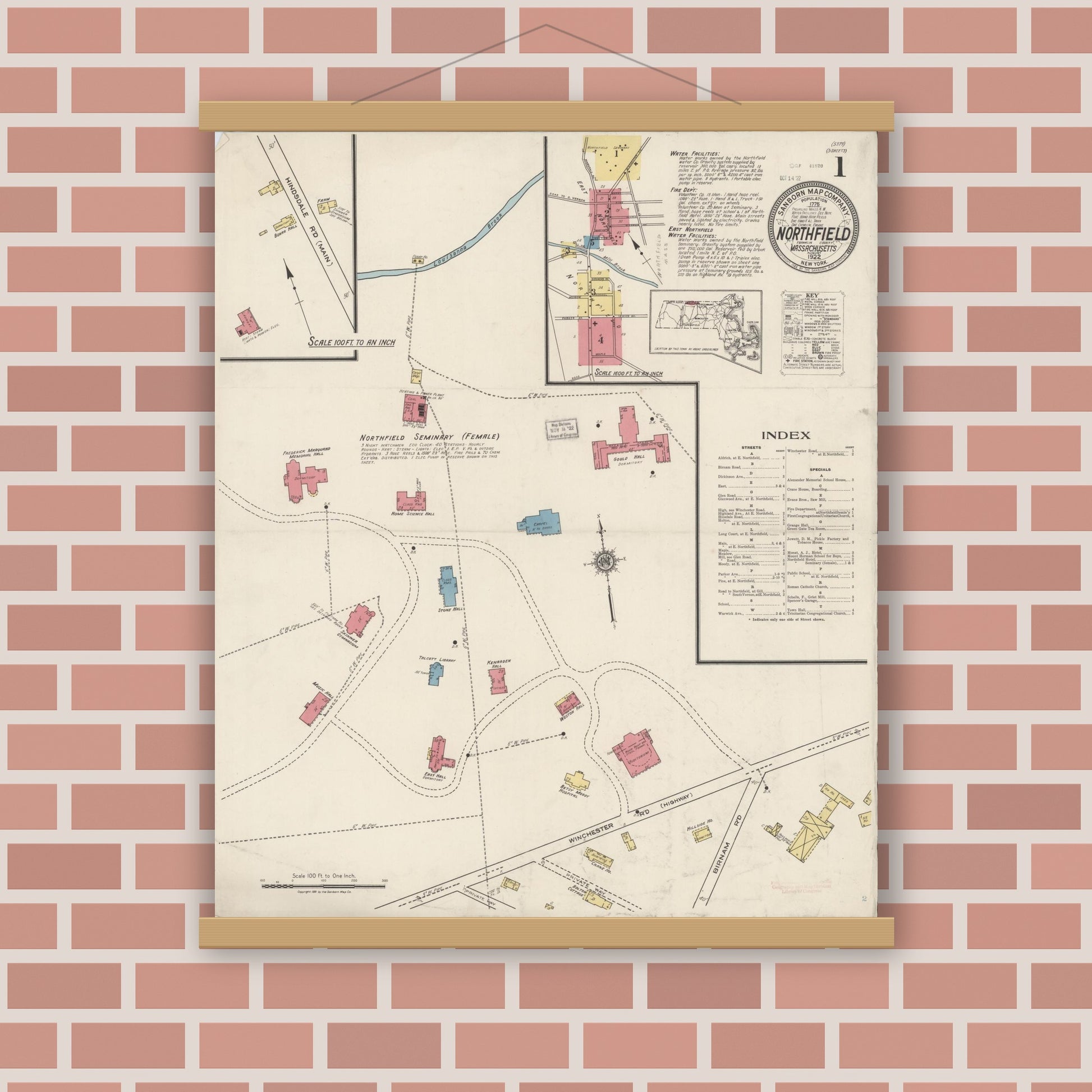 Old map wall art mockup — magnetic wood frame on brick wall — Sanborn Fire Insurance Map from Northfield, Franklin County, Massachusetts (1922) - Complete Map Set