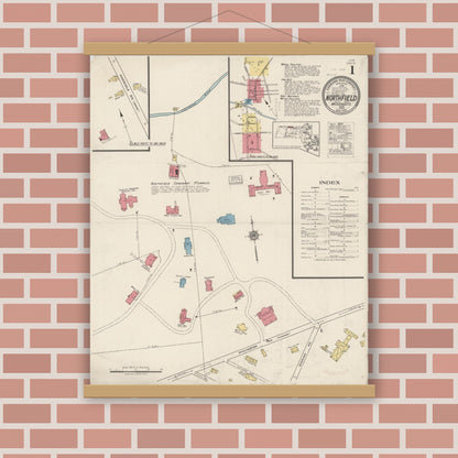 Old map wall art mockup — magnetic wood frame on brick wall — Sanborn Fire Insurance Map from Northfield, Franklin County, Massachusetts (1922) - Complete Map Set