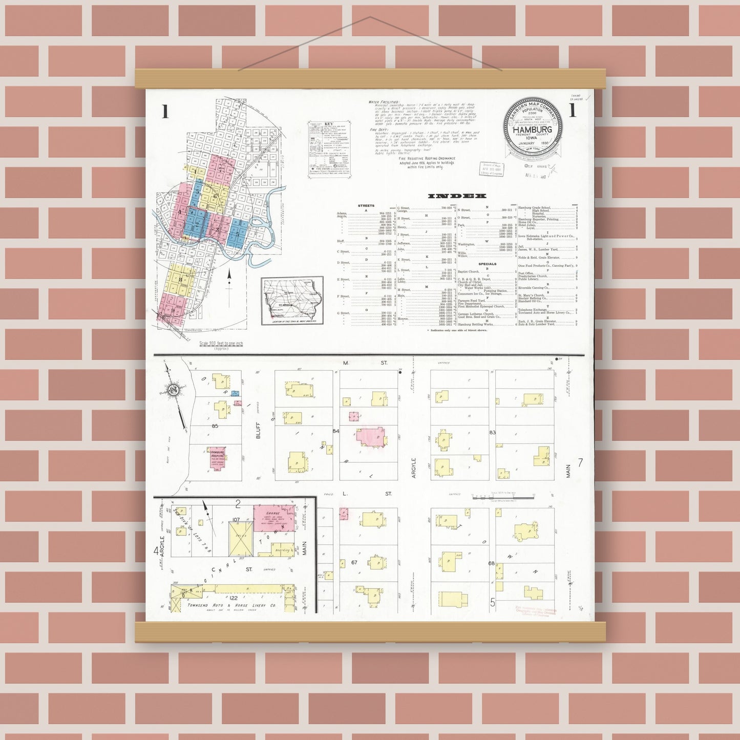 Old map wall art mockup — magnetic wood frame on brick wall — Sanborn Fire Insurance Map from Hamburg, Fremont County, Iowa (1930) â€” Complete Set