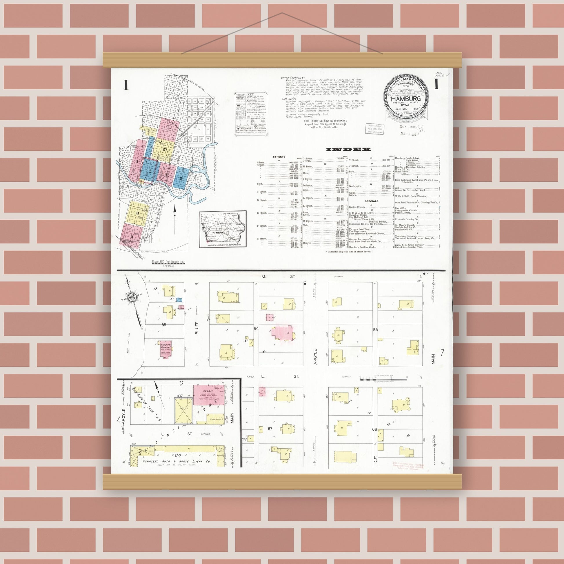 Old map wall art mockup — magnetic wood frame on brick wall — Sanborn Fire Insurance Map from Hamburg, Fremont County, Iowa (1930) â€” Complete Set
