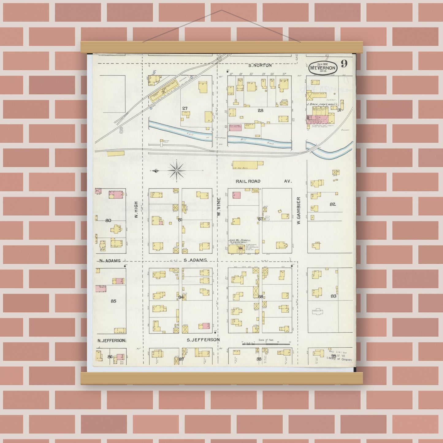 Old map wall art mockup — magnetic wood frame on brick wall — Sanborn Fire Insurance Map from Mount Vernon, Knox County, Ohio (1892), Sheet #0009