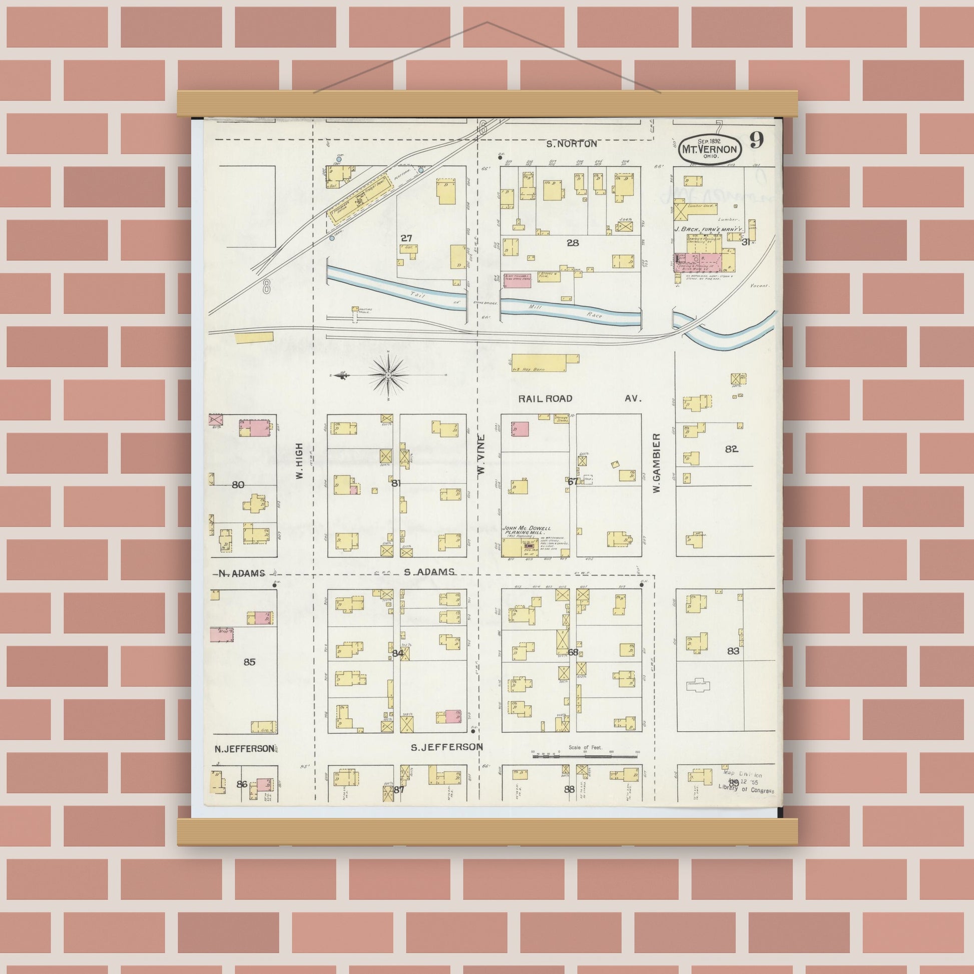 Old map wall art mockup — magnetic wood frame on brick wall — Sanborn Fire Insurance Map from Mount Vernon, Knox County, Ohio (1892), Sheet #0009