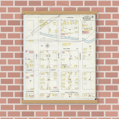 Old map wall art mockup — magnetic wood frame on brick wall — Sanborn Fire Insurance Map from Mount Vernon, Knox County, Ohio (1892), Sheet #0009