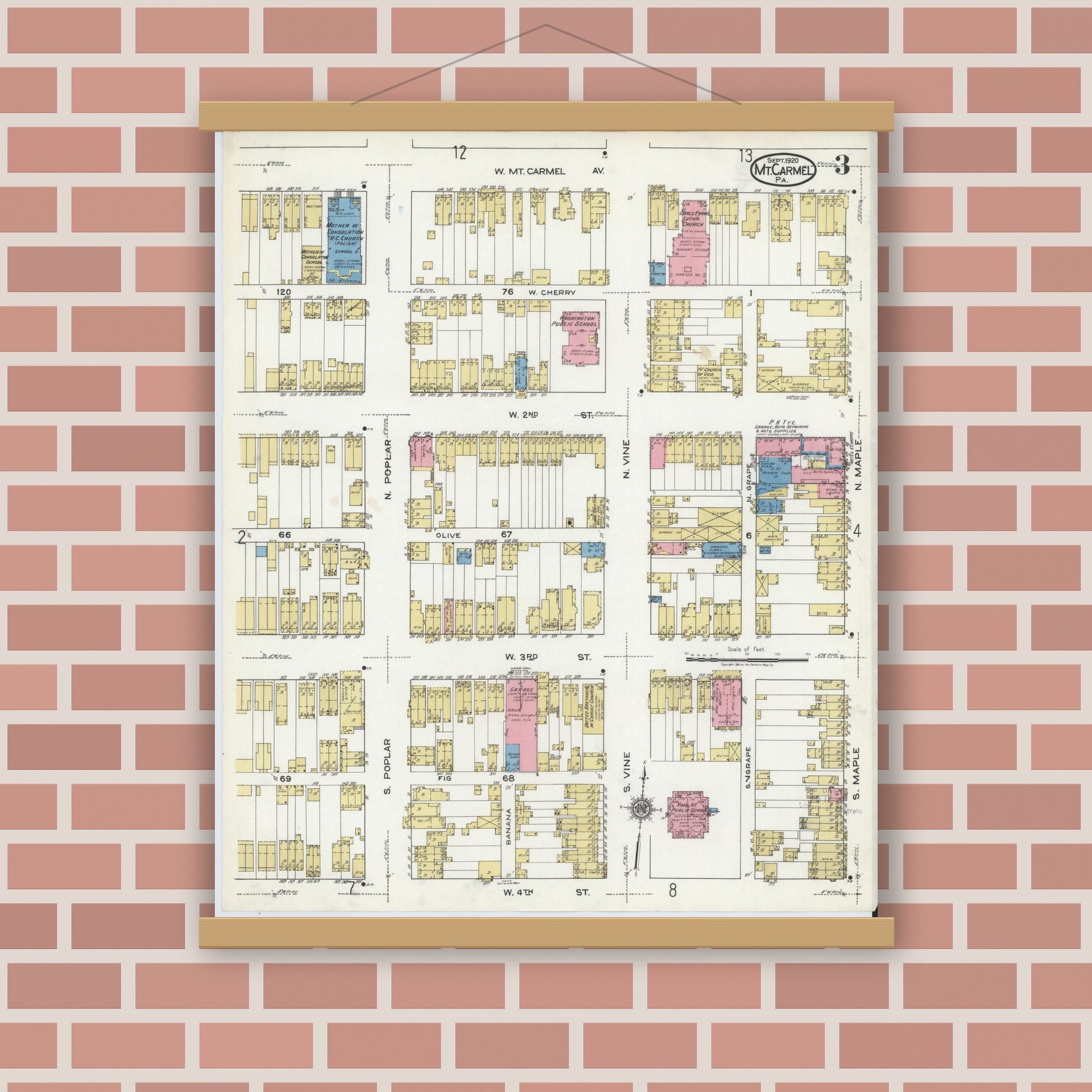 Old map wall art mockup — magnetic wood frame on brick wall — Sanborn Fire Insurance Map from Mount Carmel, Northumberland County, Pennsylvania (1920), Sheet #0003