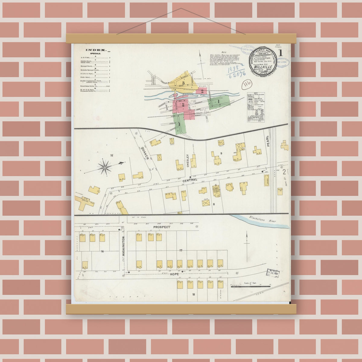 Old map wall art mockup — magnetic wood frame on brick wall — Sanborn Fire Insurance Map from Millville, Worcester County, Massachusetts (1898), Sheet #0001