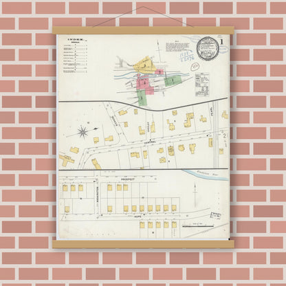 Old map wall art mockup — magnetic wood frame on brick wall — Sanborn Fire Insurance Map from Millville, Worcester County, Massachusetts (1898), Sheet #0001