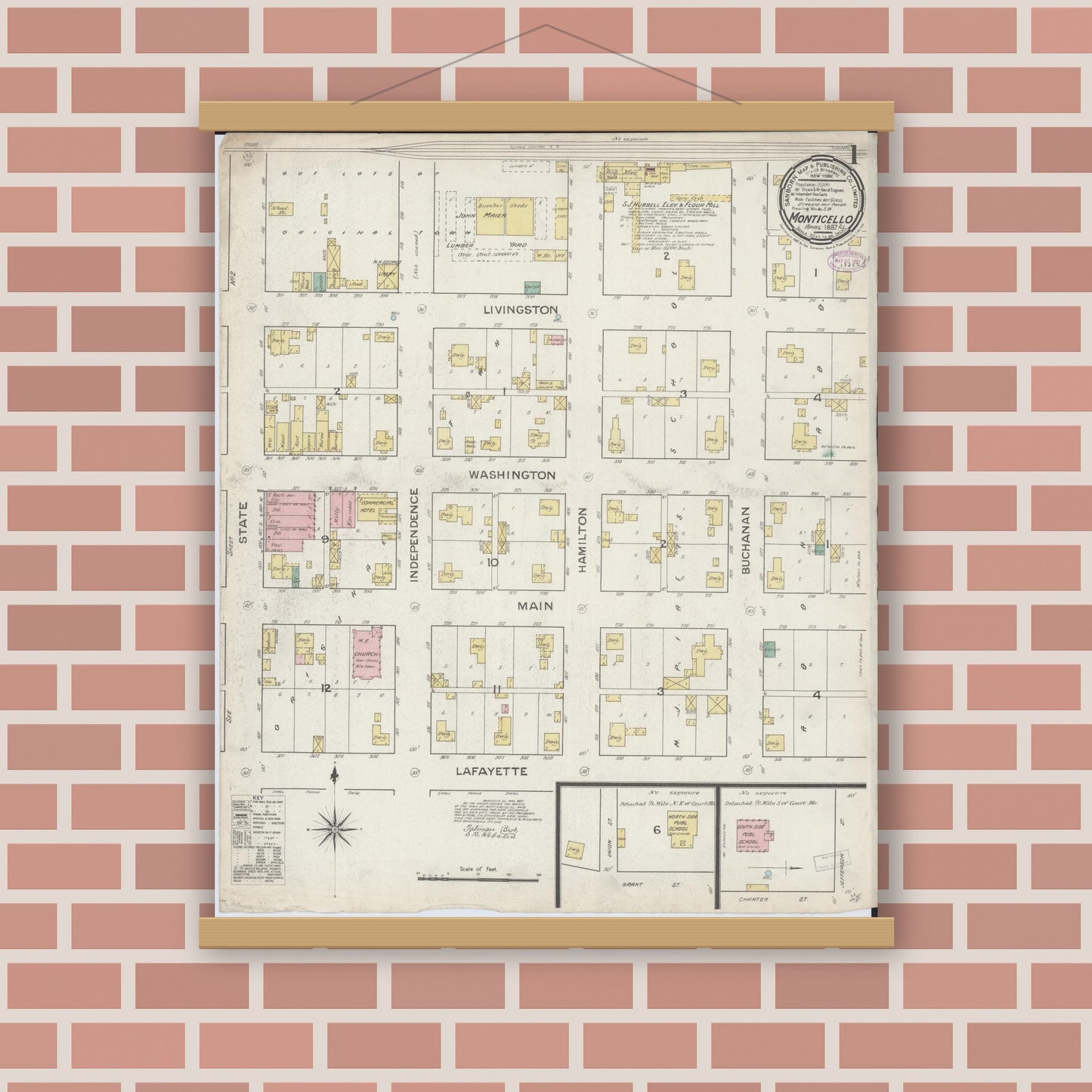 Old map wall art mockup — magnetic wood frame on brick wall — Sanborn Fire Insurance Map from Monticello, Piatt County, Illinois (1887), Sheet #0001