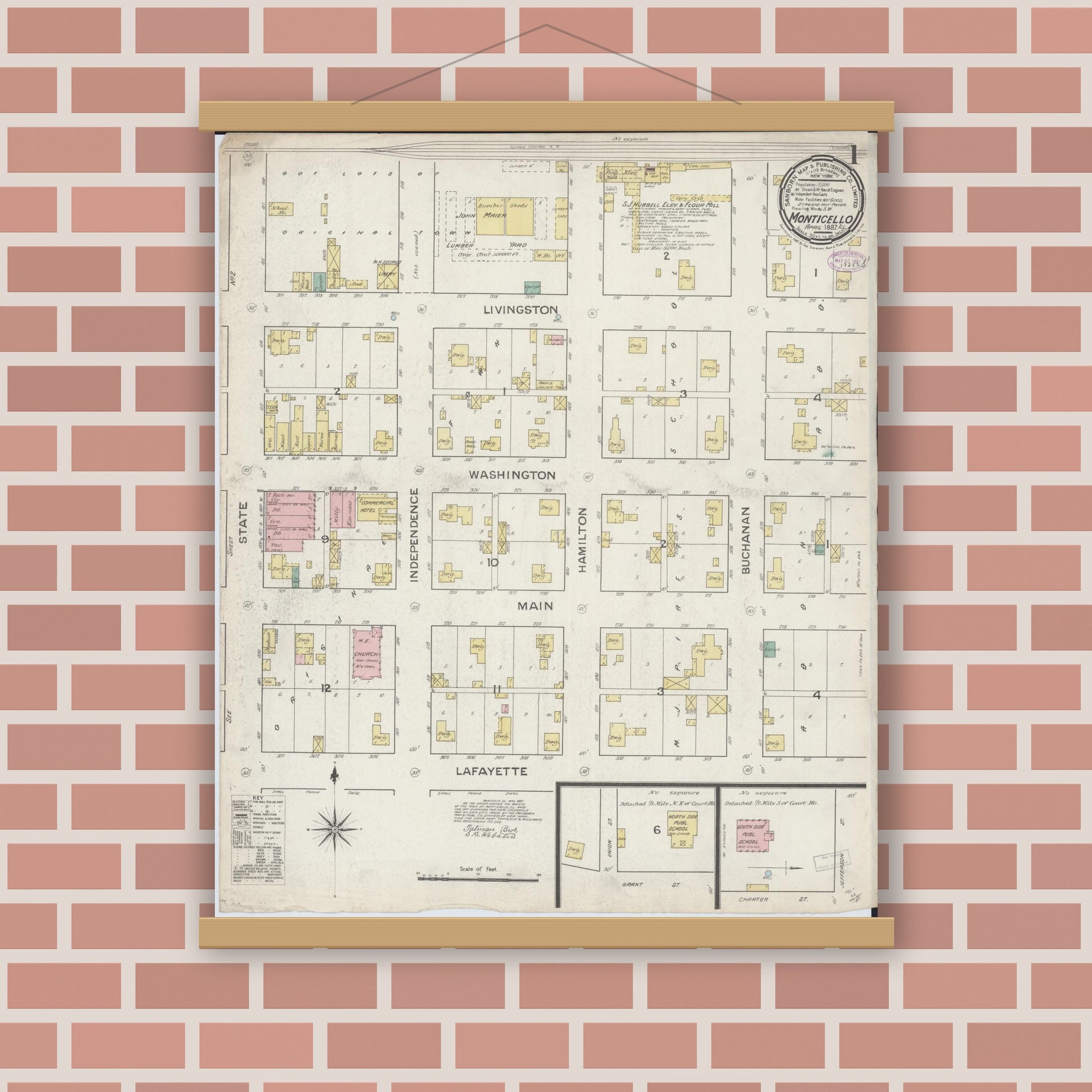 Old map wall art mockup — magnetic wood frame on brick wall — Sanborn Fire Insurance Map from Monticello, Piatt County, Illinois (1887), Sheet #0001