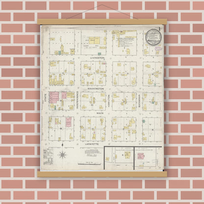Old map wall art mockup — magnetic wood frame on brick wall — Sanborn Fire Insurance Map from Monticello, Piatt County, Illinois (1887), Sheet #0001