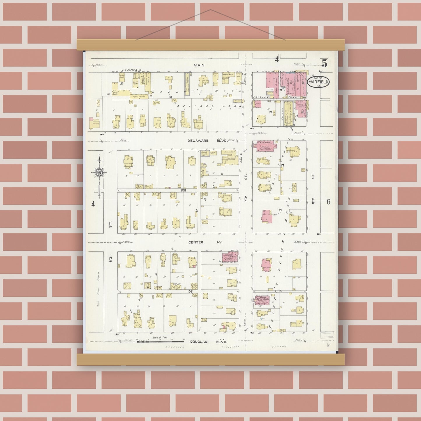 Old map wall art mockup — magnetic wood frame on brick wall — Sanborn Fire Insurance Map from Fairfield, Wayne County, Illinois (1913), Sheet #0005