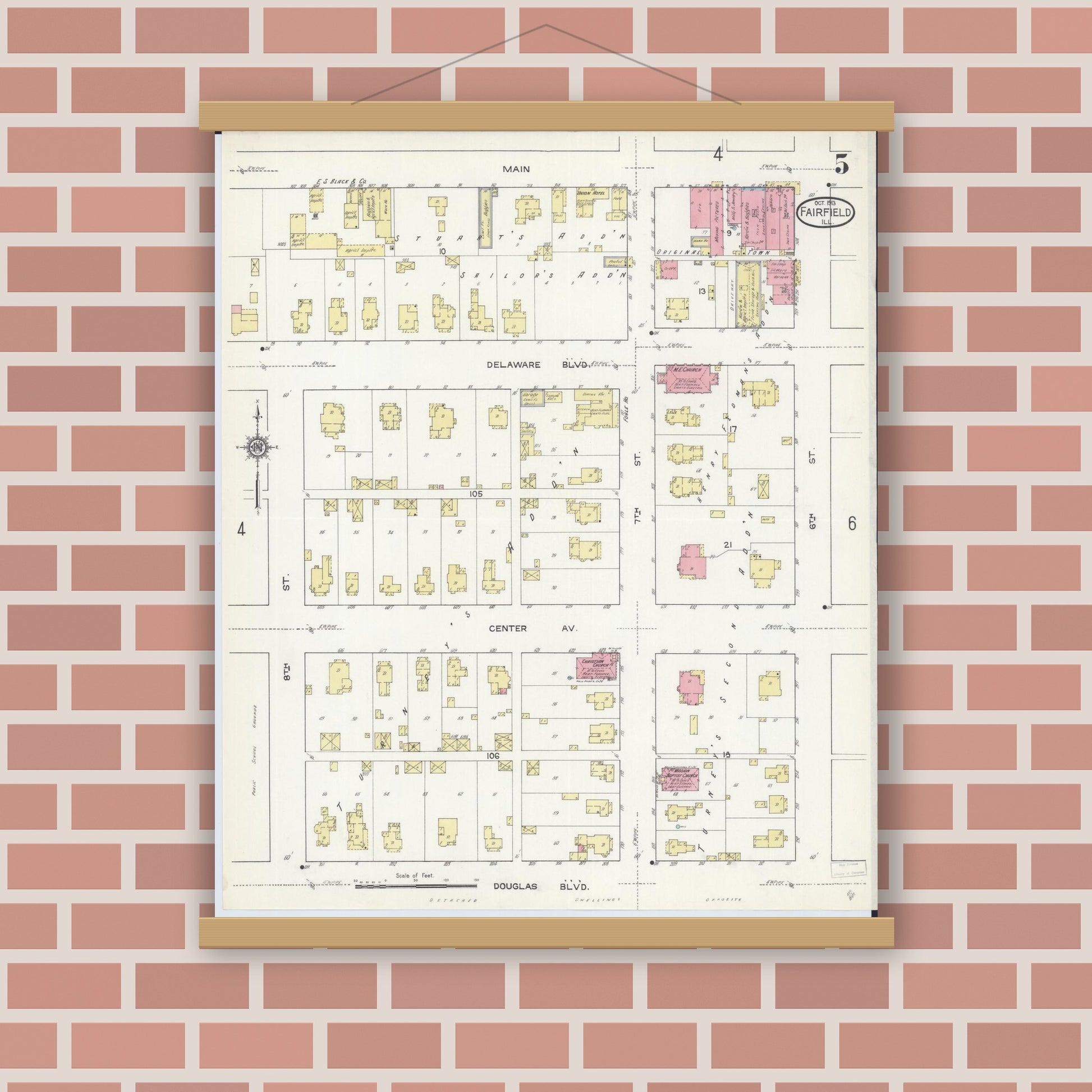 Old map wall art mockup — magnetic wood frame on brick wall — Sanborn Fire Insurance Map from Fairfield, Wayne County, Illinois (1913), Sheet #0005