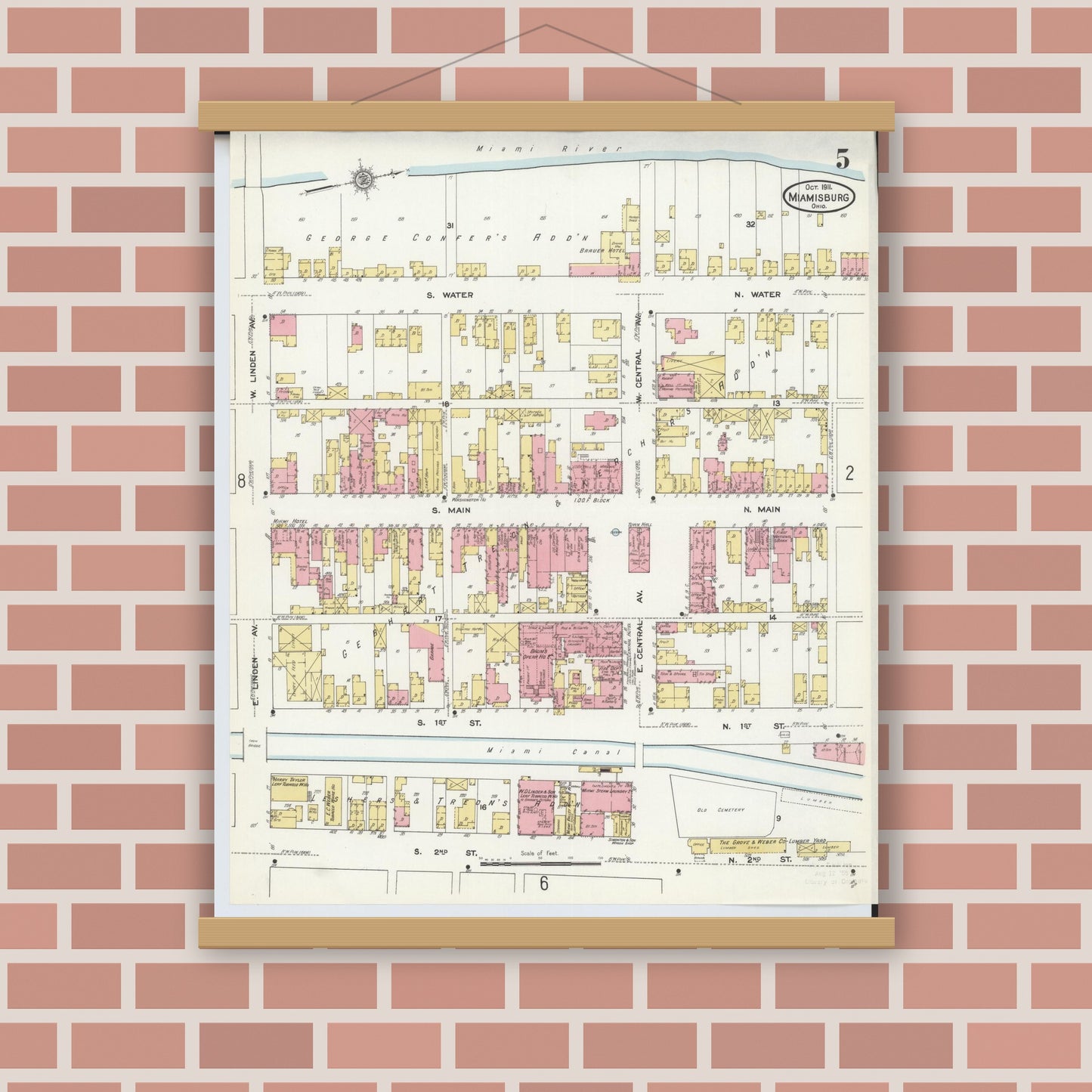 Old map wall art mockup — magnetic wood frame on brick wall — Sanborn Fire Insurance Map from Miamisburg, Montgomery County, Ohio (1911), Sheet #0005