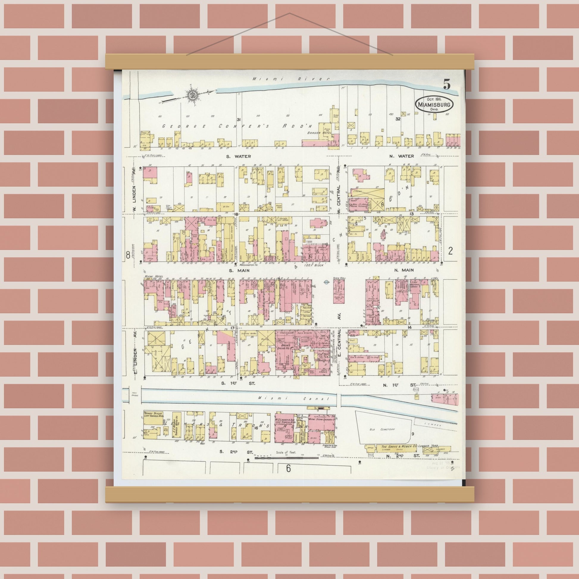 Old map wall art mockup — magnetic wood frame on brick wall — Sanborn Fire Insurance Map from Miamisburg, Montgomery County, Ohio (1911), Sheet #0005