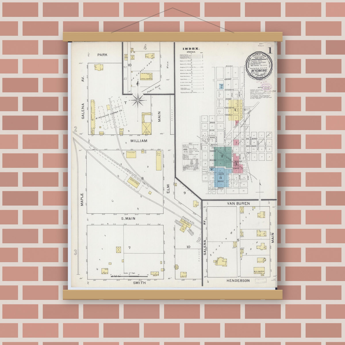 Old map wall art mockup — magnetic wood frame on brick wall — Sanborn Fire Insurance Map from Wyoming, Stark County, Illinois (1893) - Complete Map Set