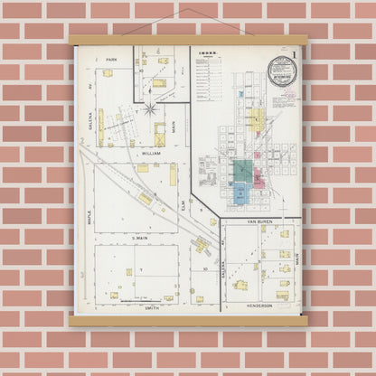 Old map wall art mockup — magnetic wood frame on brick wall — Sanborn Fire Insurance Map from Wyoming, Stark County, Illinois (1893) - Complete Map Set