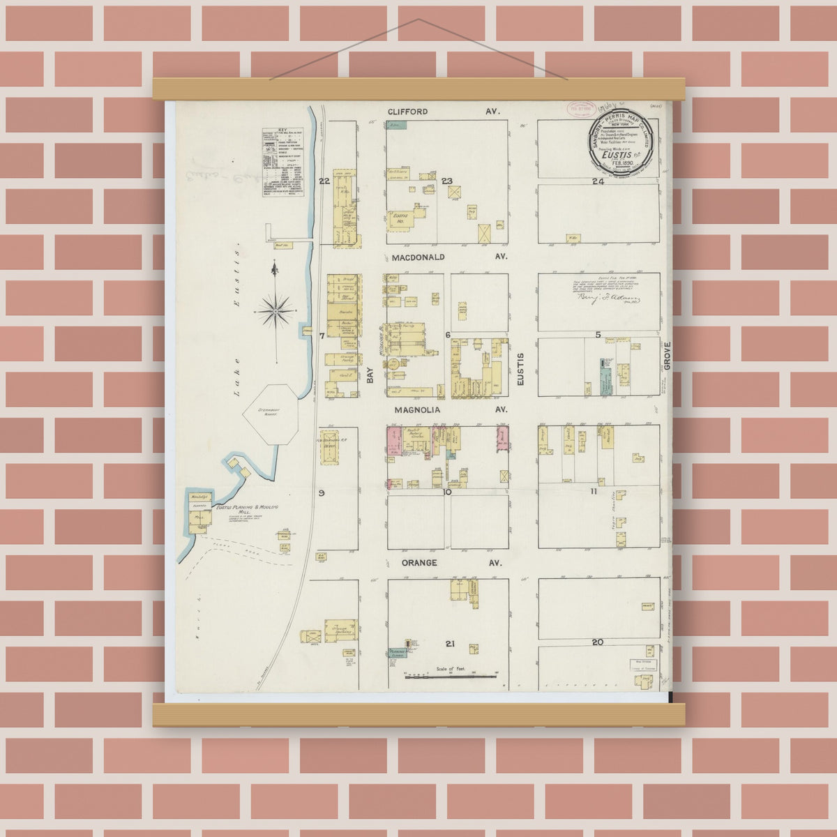 Old map wall art mockup — magnetic wood frame on brick wall — Sanborn Fire Insurance Map from Eustis, Lake County, Florida (1890), Sheet #0001