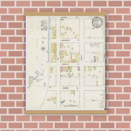 Old map wall art mockup — magnetic wood frame on brick wall — Sanborn Fire Insurance Map from Eustis, Lake County, Florida (1890), Sheet #0001