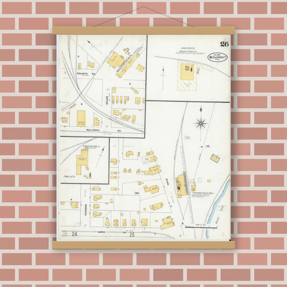Old map wall art mockup — magnetic wood frame on brick wall — Sanborn Fire Insurance Map from Beaumont, Jefferson County, Texas (1904), Sheet #0026