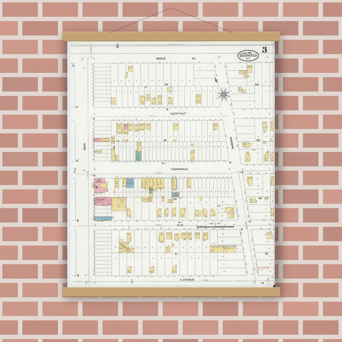 Old map wall art mockup — magnetic wood frame on brick wall — Sanborn Fire Insurance Map from Despatch, Monroe County, New York (1906), Sheet #0003
