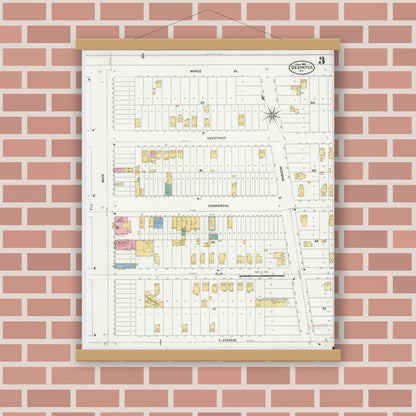 Old map wall art mockup — magnetic wood frame on brick wall — Sanborn Fire Insurance Map from Despatch, Monroe County, New York (1906), Sheet #0003