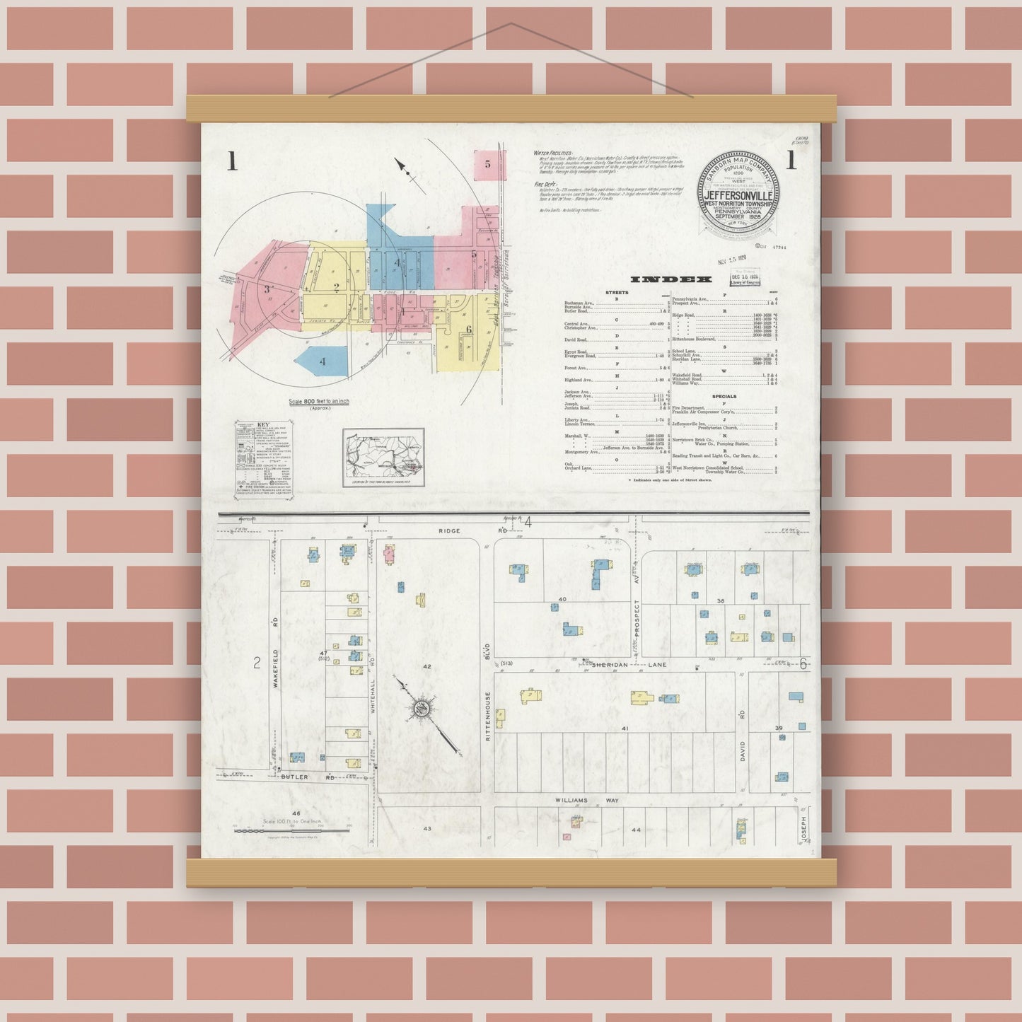 Old map wall art mockup — magnetic wood frame on brick wall — Sanborn Fire Insurance Map from Jeffersonville, Montgomery County, Pennsylvania (1928) - Complete Map Set