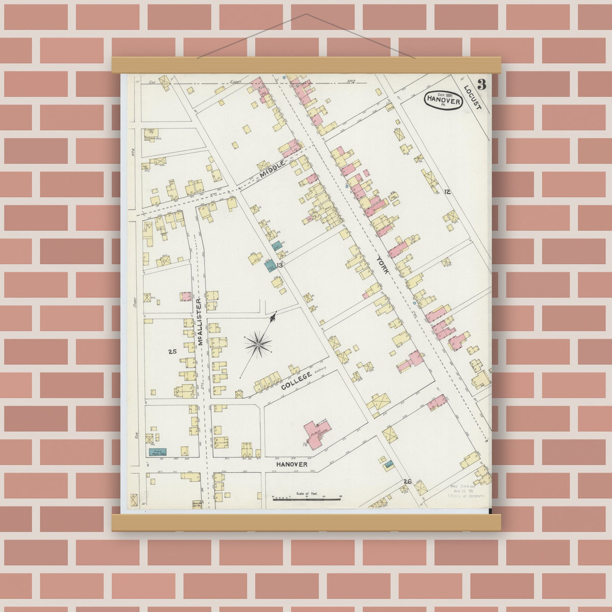 Old map wall art mockup — magnetic wood frame on brick wall — Sanborn Fire Insurance Map from Hanover, York County, Pennsylvania (1891), Sheet #0003