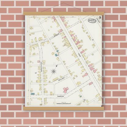 Old map wall art mockup — magnetic wood frame on brick wall — Sanborn Fire Insurance Map from Hanover, York County, Pennsylvania (1891), Sheet #0003