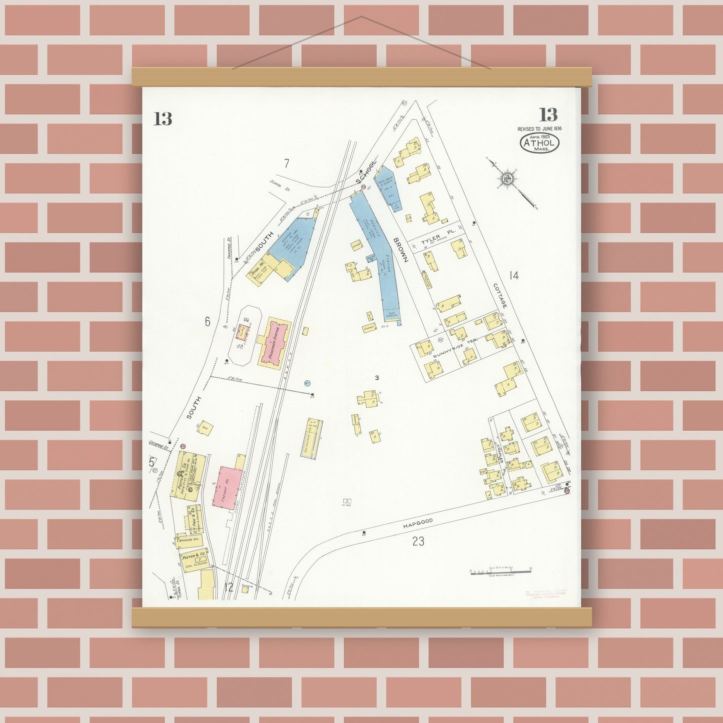 Old map wall art mockup — magnetic wood frame on brick wall — Sanborn Fire Insurance Map from Athol, Worcester County, Massachusetts (1936), Sheet #0013