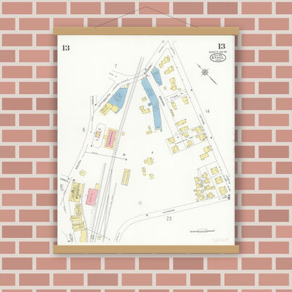 Old map wall art mockup — magnetic wood frame on brick wall — Sanborn Fire Insurance Map from Athol, Worcester County, Massachusetts (1936), Sheet #0013
